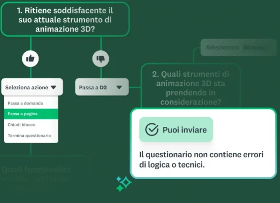 Diagramma di flusso semplificato della logica d'indagine che illustra l'azione "Passa a pagina" in un menu a tendina, con la conferma finale "Puoi inviare".