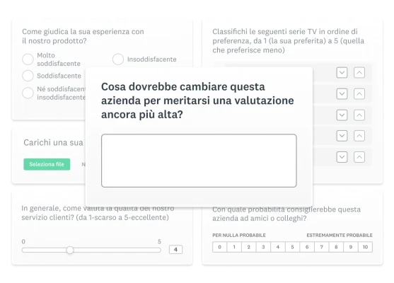 Schermate che mostrano i diversi tipi di domande per questionari.