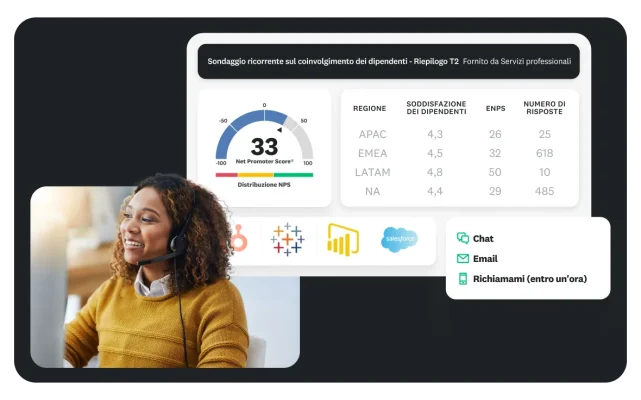 Donna che indossa le cuffie e guarda il computer, accanto ai risultati del riepilogo del sondaggio ricorrente del secondo trimestre sul coinvolgimento dei dipendenti, con NPS di 33