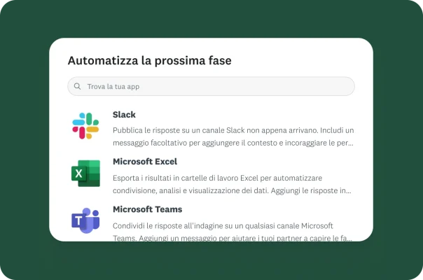 Un menu con le opzioni per automatizzare il flusso di lavoro con l'integrazione con Slack, Excel e Teams.