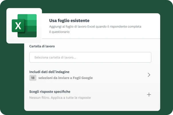 Schermata che mostra l'opzione per collegare le risposte dei questionari a fogli Microsoft Excel esistenti.