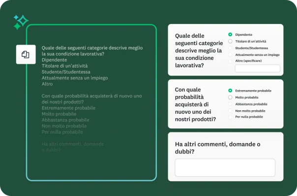 Schermata che mostra da un lato un blocco di domande incollate senza formattazione e dall'altro come vengono automaticamente formattate in domande di questionario interattive dalla piattaforma.