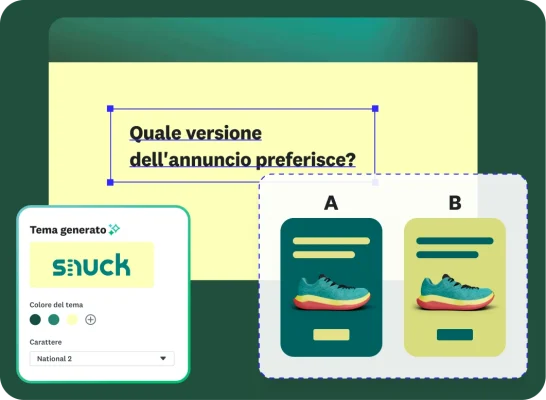 Interfaccia di un'indagine marketing di un'azienda produttrice di scarpe denominata "Snuck" con una domanda che chiede "Quale versione dell'annuncio preferisce?" e presenta l'annuncio A e l'annuncio B a confronto. Sulla sinistra, un riquadro di progettazione mostra le opzioni per personalizzare tema, carattere e layout.