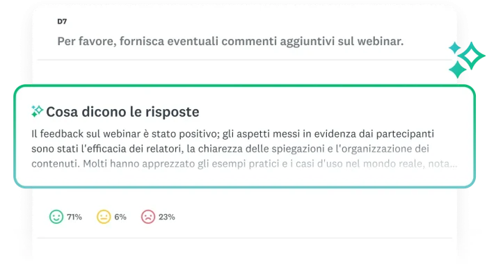 Finestra con titolo "Cosa dicono le risposte", in cui è sintetizzata l'analisi tematica di una domanda di indagine