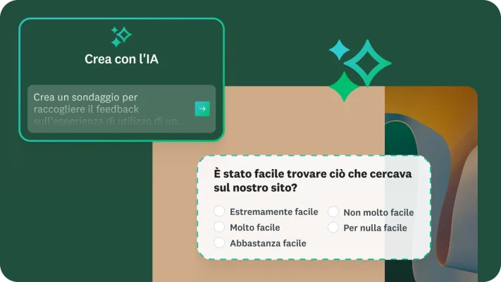 Prompt di Crea con l'IA che dice: "Crea un sondaggio per raccogliere il feedback sull'esperienza di utilizzo di un sito web da parte degli utenti" accanto a una domanda che chiede: "È stato facile trovare ciò che stava cercando sul nostro sito web?"