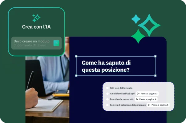 Una persona che sta compilando un modulo. È visibile un prompt per l'IA e un esempio di domanda che chiede: "Come ha saputo di questa posizione?" con risposte a scelta multipla.
