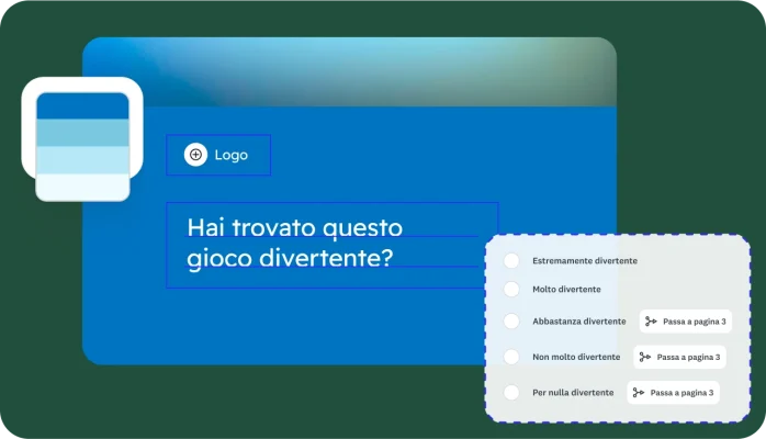 Schermata di creazione dell'indagine, che mostra la possibilità di personalizzare il questionario con logica di salto e ramificazione, e di passare a una domanda differente dell'indagine in base alla risposta data