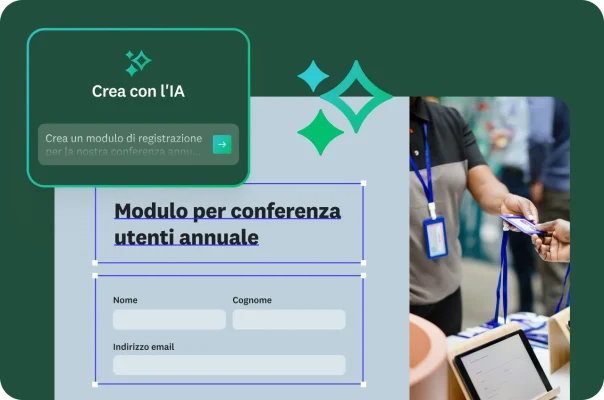 Una persona che compila un modulo di registrazione alla conferenza annuale degli utenti con un pop-up che mostra un prompt dell'IA.