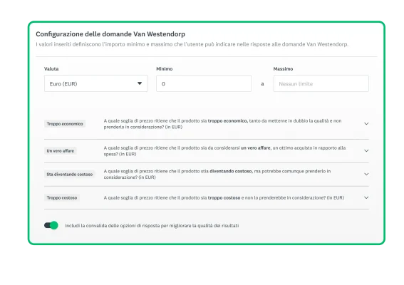 Schermata di configurazione della soluzione per l'ottimizzazione dei prezzi di SurveyMonkey