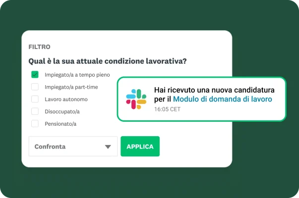 Una notifica Slack che mostra una nuova risposta al modulo di candidatura con il filtro per la condizione lavorativa.