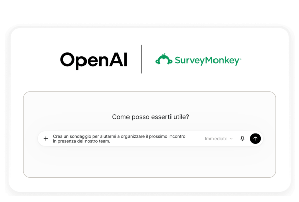 I loghi di OpenAI e SurveyMonkey sopra un prompt di chat che chiede: crea un sondaggio per organizzare il prossimo incontro del team