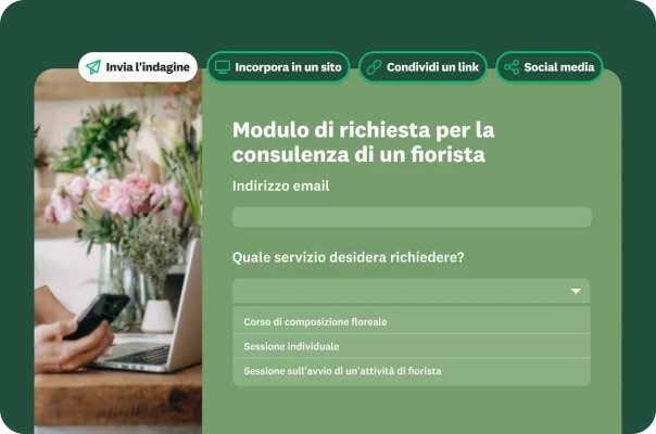 Modello per modulo di richiesta per consulenza di un fiorista, accanto le opzioni per la condivisione del modulo, tra cui invio via email, incorporazione nel sito, condivisione di un link e pubblicazione sui social media