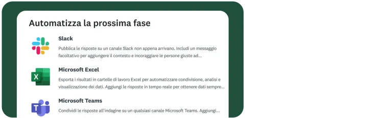Schermata con il titolo "Automatizza la prossima fase" che mostra le opzioni per l'integrazione con Slack, Microsoft Excel e Microsoft Teams. Ogni opzione include una breve descrizione e il logo dell'app in questione.