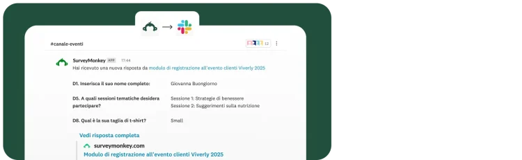 Una notifica Slack da SurveyMonkey in un "#canale-eventi" che indica una nuova registrazione per "Evento clienti Viverly 2025" Nella notifica è riportato il nome del partecipante, le sessioni tematiche selezionate e la taglia per una t-shirt.