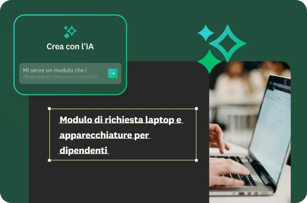 Prompt di Crea con l'IA che chiede un modulo con cui i dipendenti possano richiedere le apparecchiature, accanto il modello per modulo di richiesta laptop e apparecchiature per dipendenti