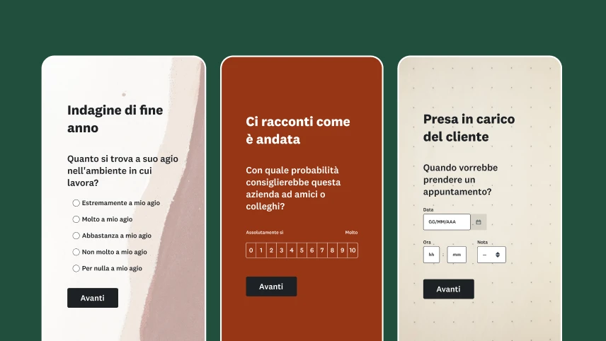 Schermate di tre diverse indagini per dispositivi mobili