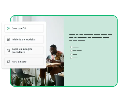 Schermata di un modello di indagine, con opzioni quali Crea con l'IA, Inizia da un modello, Copia un'indagine precedente o Parti da zero