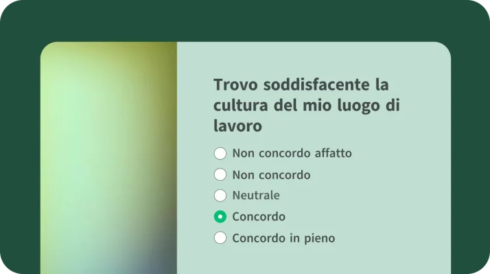Domanda di un modello di sondaggio ricorrente sulla cultura aziendale, che misura il livello di soddisfazione del personale rispetto alla cultura d'impresa su una scala Likert a 5 punti.