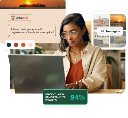 Donna che lavora al laptop a un sondaggio sulla procedura di pagamento di DeliverShip, con in sovrapposizione varie schermate per la personalizzazione del questionario, tra cui un selettore di colori e un collage di immagini.