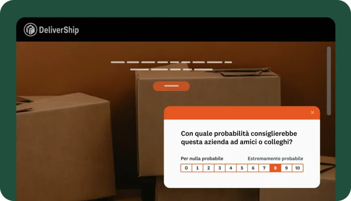 Schermata del sito web di DeliverShip con scatole di cartone e un pop-up con una domanda sulla disponibilità a consigliare l'azienda.
