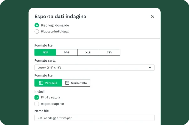 Schermata di esportazione dei dati di un sondaggio con opzioni per la scelta del formato file e di cosa includere