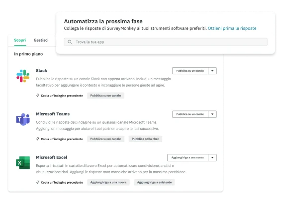 Schermate delle app Slack, Microsoft Teams ed Excel per SurveyMonkey