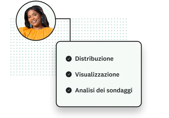 Donna sorridente accanto a un elenco che dice: distribuzione, visualizzazione e analisi dei sondaggi
