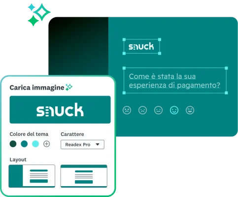 Schermate di modifica del sondaggio che mostrano il processo di personalizzazione di un questionario sulla procedura di pagamento di Snuck, con le opzioni per la scelta del colore del tema e del tipo di layout.