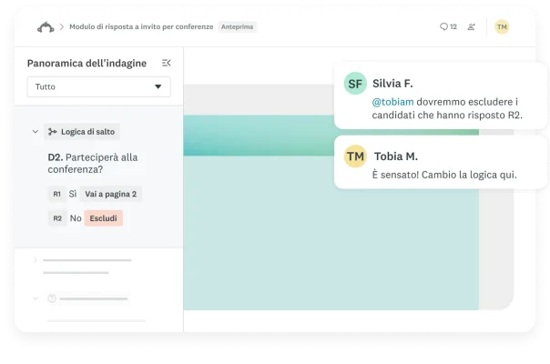 Sullo sfondo di una pagina di panoramica dell'indagine si leggono i commenti di due utenti
