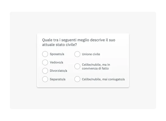 Esempio di domanda di indagine sulla segmentazione demografica: “Quale tra i seguenti meglio descrive il suo attuale stato civile?”