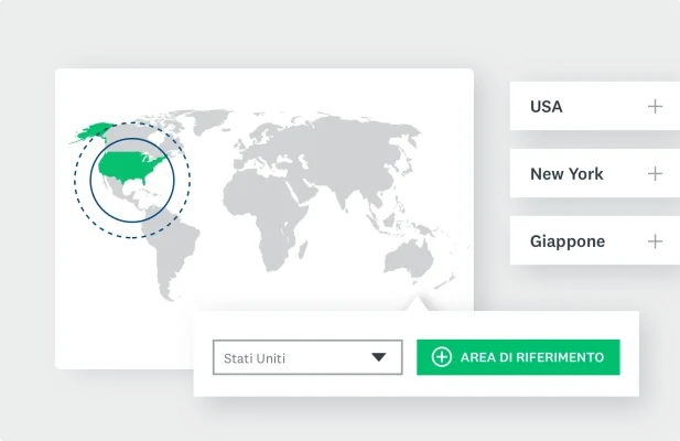 Schermata del mondo, con le varie località menzionate e un pulsante che permette di effettuare il targeting geografico