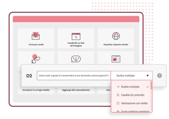 Schermata delle opzioni di condivisione indagini di SurveyMonkey, come il link incorporato, l'acquisto di risposte mirate, l'invio tramite email, l'incorporazione in un'app mobile e l'aggiunta manuale di dati