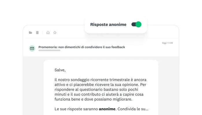 Email che chiede ai dipendenti di partecipare a un sondaggio ricorrente trimestrale, con risposte anonime attivate