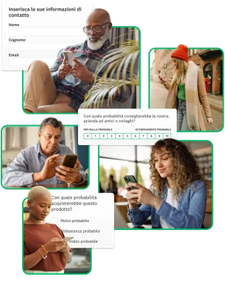 Foto di diverse persone che guardano il proprio cellulare, con accanto schermate di domande di indagine