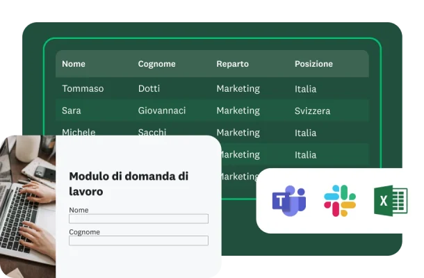 Un modulo di domanda di lavoro con accanto una tabella con i nomi dei candidati, i reparti e le sedi, e sotto i loghi di Microsoft Teams, Slack ed Excel