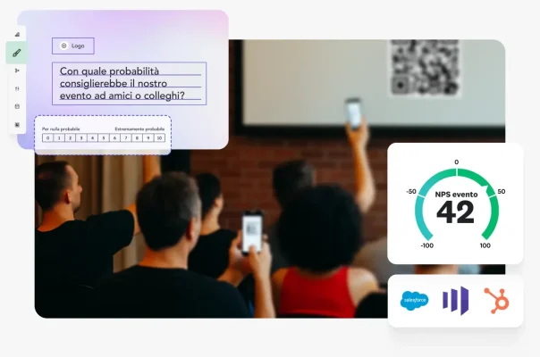 Sala con uno schermo di proiezione che mostra un codice QR e persone che lo inquadrano con il telefono; ai lati dell'immagine il punteggio NPS dell'evento pari a 42, vari loghi aziendali, come Salesforce e HubSpot, e la schermata di una domanda d'indagine che chiede di indicare la probabilità con cui si consiglierebbe l'evento ad amici