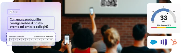 Sala con persone che inquadrano un codice QR con il telefono, accanto a una domanda NPS e il punteggio 33 per l'evento, vari loghi aziendali