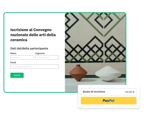 Schermata di un modulo di iscrizione a una conferenza con accanto il riquadro di PayPal con la quota di iscrizione
