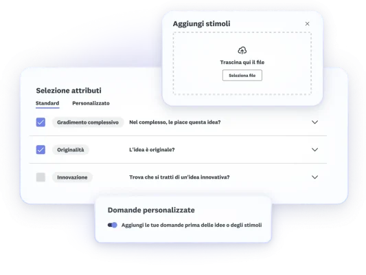 Schermate dei vari passaggi dello screening delle idee: dall'aggiunta degli stimoli, alla selezione degli attributi, fino all'impostazione di domande personalizzate