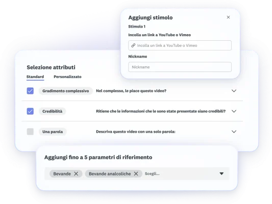 Schermata delle fasi del test delle campagne pubblicitarie con video, con aggiunta su YouTube dei link ai video, selezione degli attributi da testare e l'aggiunta di fino a 5 parametri di riferimento