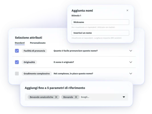 Screenshots of steps from name testing - add names, select attributes, add up to 5 benchmarks