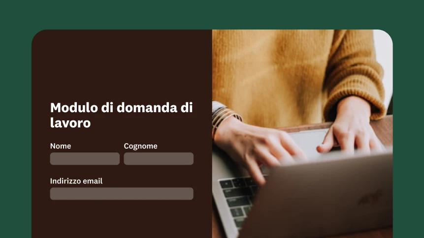 Una persona che digita su un laptop con un riquadro in sovrapposizione che mostra un modulo di domanda di lavoro.