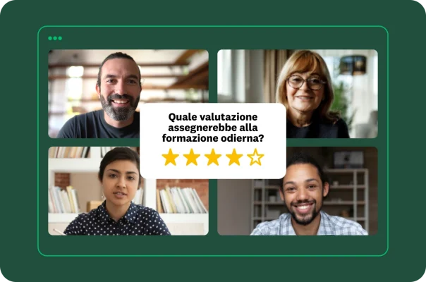 Quattro persone in una riunione virtuale, con una domanda che chiede loro di valutare la formazione del giorno con un punteggio da uno a cinque stelle.