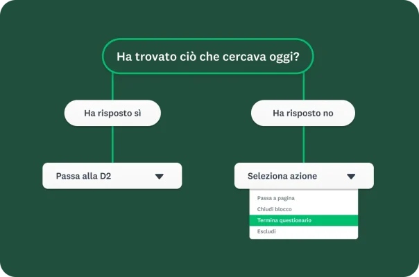 Un diagramma di flusso che illustra la logica condizionale per passare alle altre domande o concludere un'indagine in base a una certa risposta.