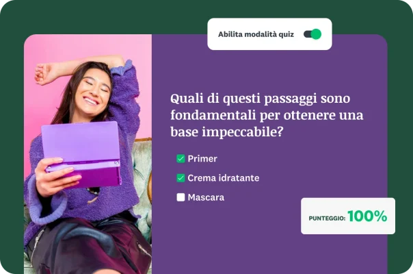 Donna sorridente con accanto una domanda a scelta multipla sulla bellezza in modalità quiz e un punteggio del 100%.