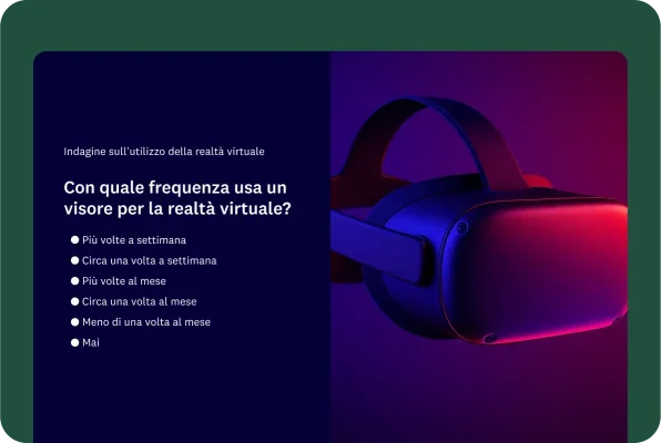 Domanda di indagine sull'utilizzo della realtà virtuale che chiede agli intervistati con quale frequenza usano visori per la realtà virtuale