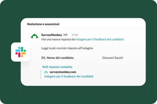 Una notifica di Slack che avvisa di una nuova risposta al questionario sul feedback dei candidati di SurveyMonkey.