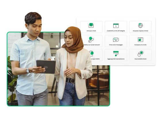 Due persone che guardano un tablet, con accanto le icone relative alle opzioni di distribuzione delle indagini