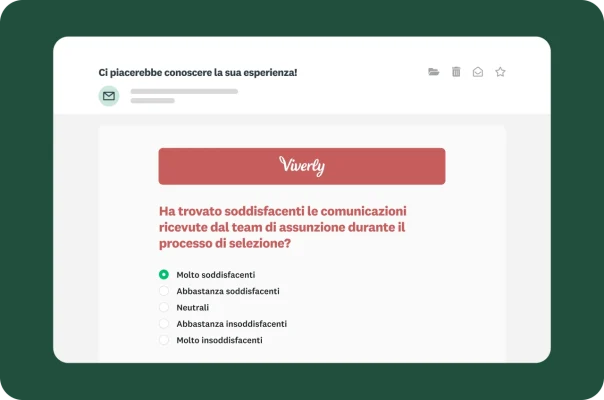 L'anteprima dell'email di un sondaggio sulla soddisfazione dei candidati con una domanda relativa alla comunicazione durante il processo di recruiting.