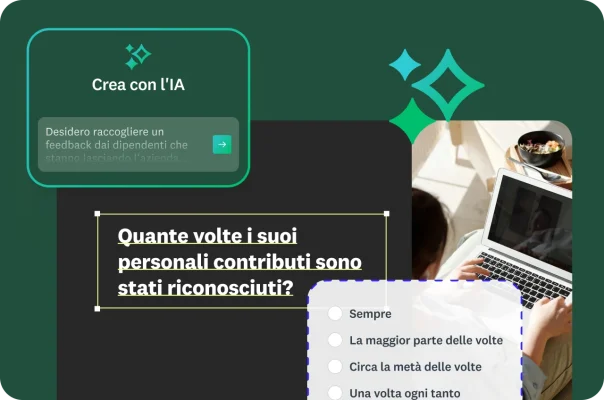 Persona che utilizza un laptop con un'immagine in sovrapposizione che mostra un prompt dell'IA e una domanda di sondaggio a scelta multipla.